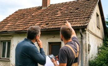 Tetőfedő szakember és háztulajdonos vizsgál egy rossz állapotú családi ház tetőjét tetőfelújítás előtt