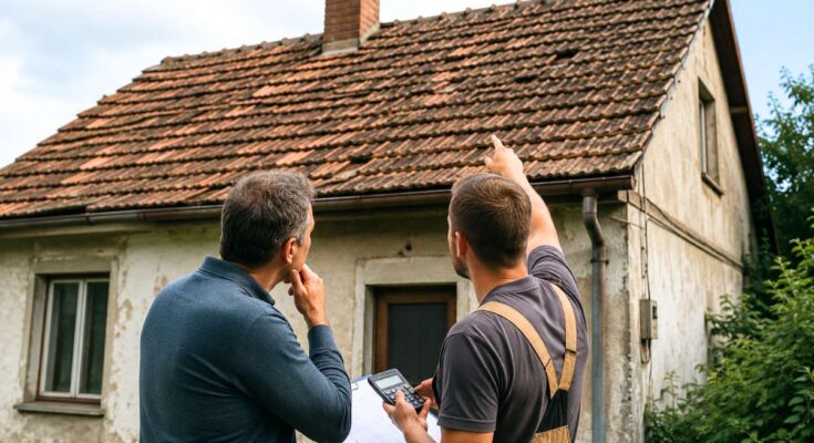 Tetőfedő szakember és háztulajdonos vizsgál egy rossz állapotú családi ház tetőjét tetőfelújítás előtt